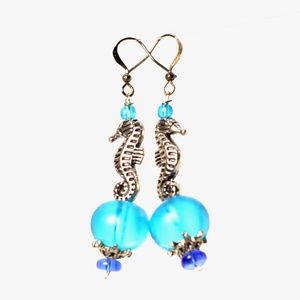 Sea Horse on Aqua Orb Earrings